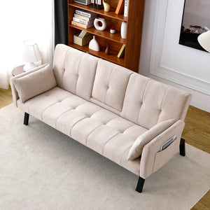 English Elm 70-inch Foldable Cotton Linen Sofa Bed with Cup Holder & Side Storage, Space-Saving 2-Seater Design Beige W3371P337197