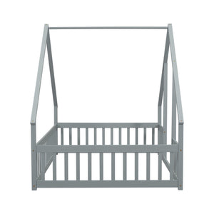 English Elm Full House-Shaped Floor Bed with Fence and Guardrails, Pine Wood Play Loft for Imaginative Kids Retreat Grey W504P143293