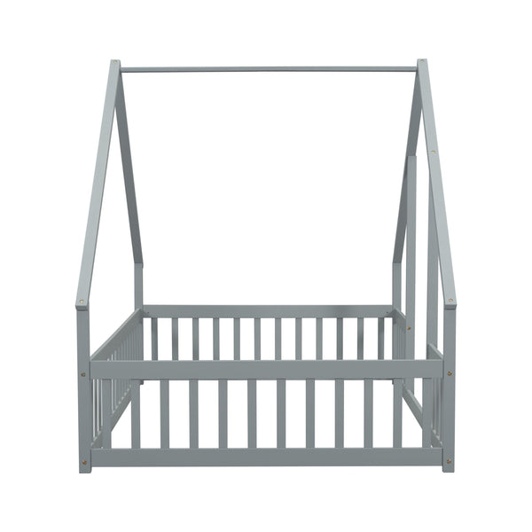 English Elm Full House-Shaped Floor Bed with Fence and Guardrails, Pine Wood Play Loft for Imaginative Kids Retreat Grey W504P143293