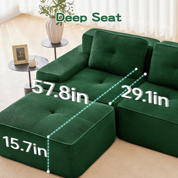 English Elm Modern Corduroy Sectional Sofa Deep Seat V Shape Tufted Couch with Movable Ottoman Green W714S01582