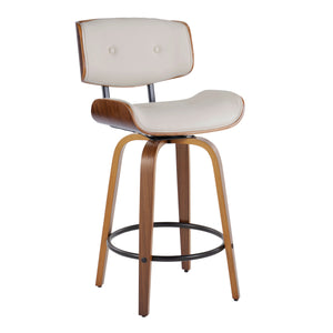 English Elm Lombardi Mid-Century Counter Stool Set of 2 — Walnut Bent Wood Frame, Tufted Faux Leather Swivel, 26" Cream B202S00341