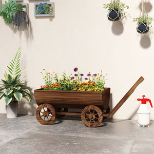 English Elm Outsunny Carbonized Fir Wood Wagon Planter on Wheels Rustic Farmhouse Garden Cart W2225P485575