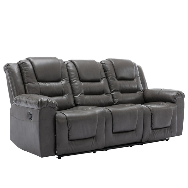 English Elm 3 Seater Home Theater Recliner with Dual Cup Holders PU Leather Comfort, Manual Infinite Recline, 350lb Capacity Grey WF323620AAE