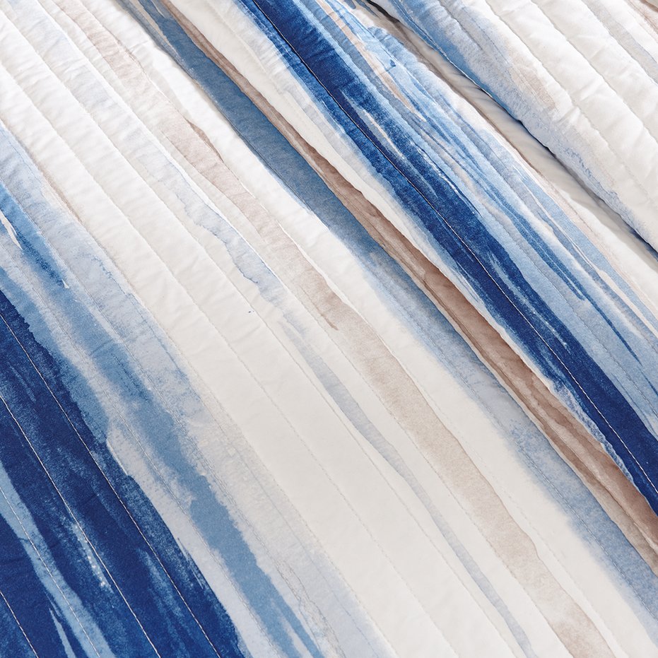 JLA Home Madison Park - 6 Piece Reversible Quilt Set with Coastal Watercolor Stripes, Embroidered Seashell Pillows, Soft Care 90 L x 90 W x 0.25H MP13-2425