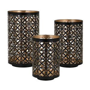 English Elm Set Pierced Metal Lanterns Helena Trio with Moroccan Patterned Cutouts for Ambient Candlelight Decor Black+Gold W2078P370263