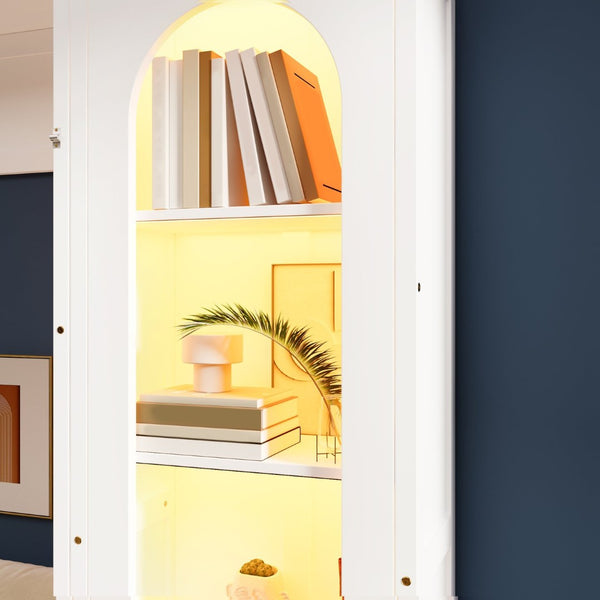 English Elm Queen Murphy Bed with Led Lighting Side Cabinets Shelving and Fold Down Desk Panel White N7090002226K-1