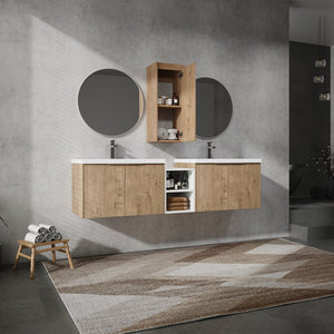 English Elm 72" Wall-Mounted Bathroom Vanity Set With Dual Sinks, Soft-Close Doors & Side Cabinet For Storage W999S00227