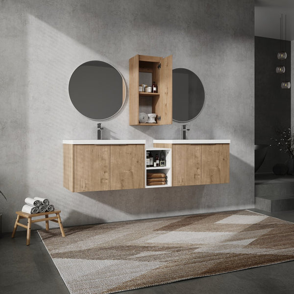 English Elm 72" Wall-Mounted Bathroom Vanity Set With Dual Sinks, Soft-Close Doors & Side Cabinet For Storage W999S00227