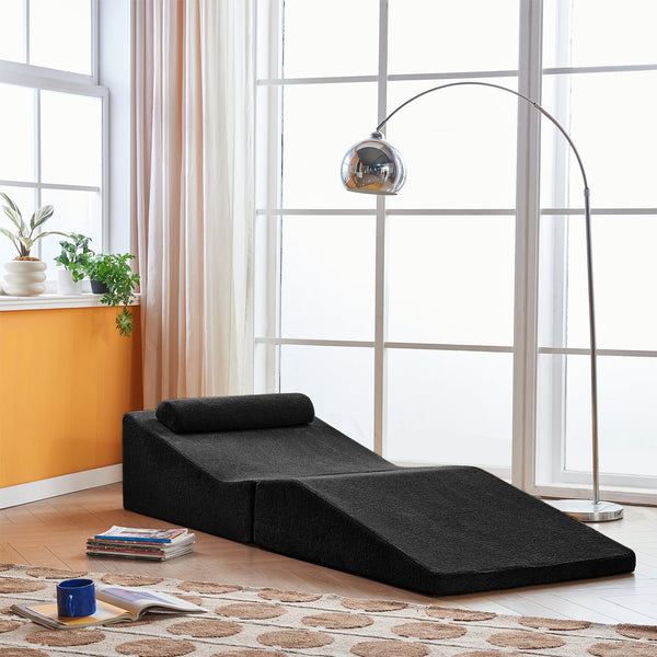 English Elm High-Density Pure Sponge Sofa Foldable Tatami Lounger Velvet Foam Seat Portable Sofa Bed for Small Spaces Black W1765P342021