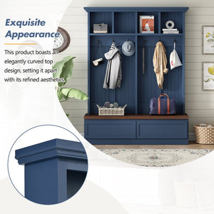 English Elm Rattan Door Hall Tree Bench with 6 Hooks Farmhouse Entryway Storage Blue N721S000076C