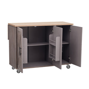 English Elm K&K Farmhouse Kitchen Island with Geometric Twill Doors, ASH Bark Top, Drop Leaf & Lockable Wheels Brown N707P221444Z