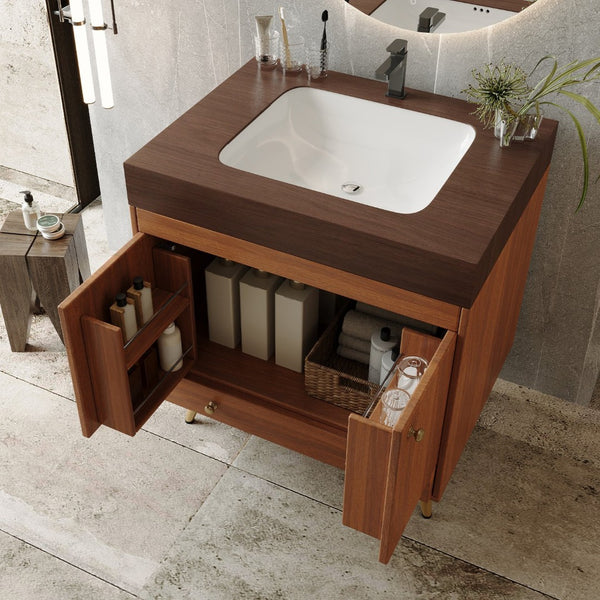 English Elm Mid-century Freestanding Bathroom Vanity Marble Stone Top Ceramic Sink Gold Legs W3136S00064
