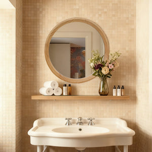 English Elm Natural Oak Round Wall Mirror Solid Wood Frame Minimalist Accent for Any Room W2295P414107