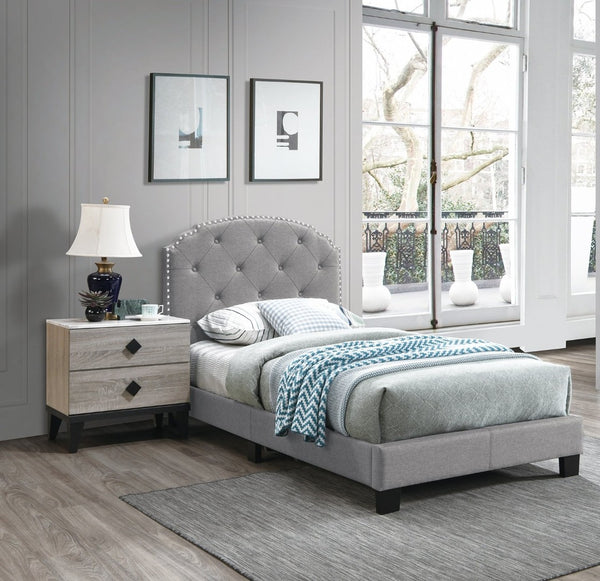English Elm Light Gray Burlap Upholstered Twin Bed with Button Tufted Headboard and Nailhead Trim Light Gray B011P415177