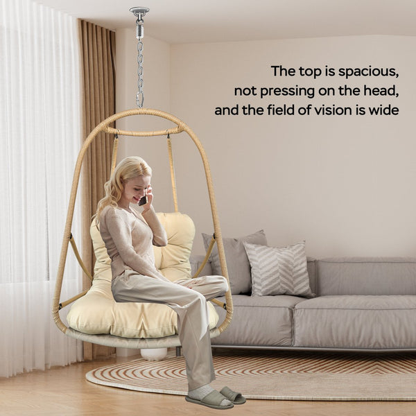 English Elm without Swing Egg Chair Rattan Hanging Patio Basket with C-Bracket, Foldable, Cup Holder, Cushions, Durable Metal Frame Beige+yellow W2707P388602