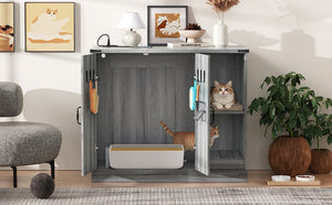 English Elm Cat Litter Box Cabinet Gray Mdf with Built-in Power Outlet and Geometric Door Design N704P414606E