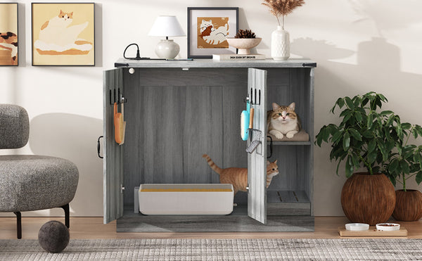 English Elm Cat Litter Box Cabinet Gray Mdf with Built-in Power Outlet and Geometric Door Design N704P414606E