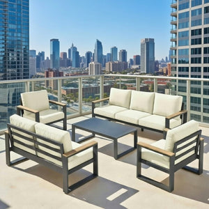 English Elm All-weather 5 Piece Aluminum Patio Conversation Set 7 Seat with Tempered Glass Table Beige+Grey B082S00115