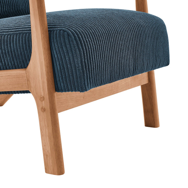 English Elm Wooden Lounge Chair with Scandinavian Solid Wood Frame, Plush Ribbed Corduroy Upholstery & Lumbar Support Blue B343P328597