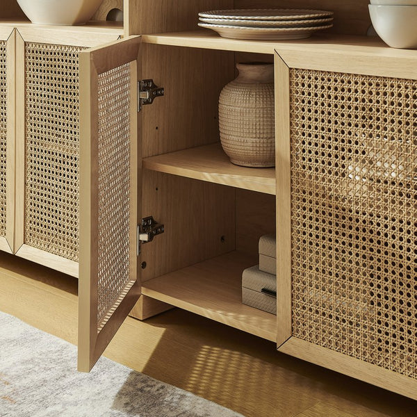 English Elm 63" Mid Century Modern Rattan Sideboard Buffet Cabinet with Adjustable Shelves, Durable Craftsmanship and Outlet Access for Living Room Storage and TV Console Natural W1801P371656