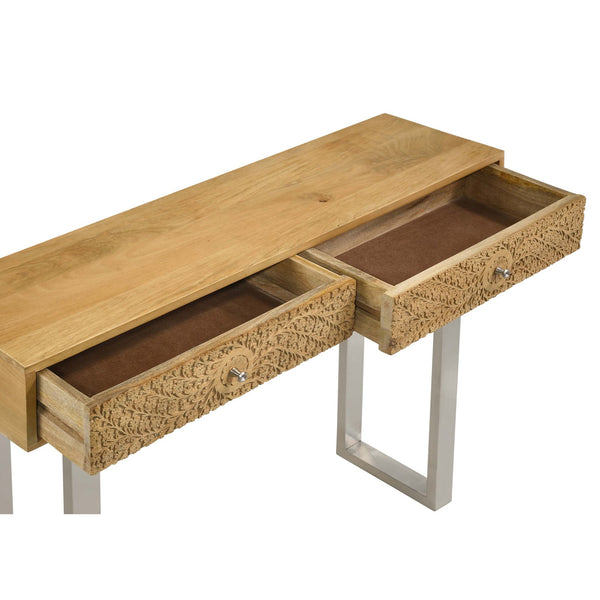 English Elm Harmony Modern Natural & Silver 2-Drawer Console Table with Sled Base, Knob Handles, Warm Wood Charm B062P333444