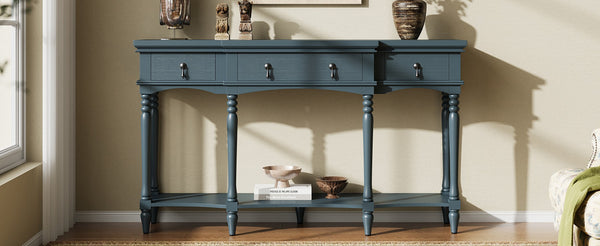 English Elm [video] Solid Pine Console Table Ornate Carved Legs Copper Hardware Soft-close Drawers Blue N759P433566C