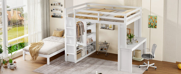 English Elm Queen Multifunctional Solid Wood Bunk Bed With Desk, Dismountable Twin Bed, Shelves & Wardrobe W1580S00214-GIGA