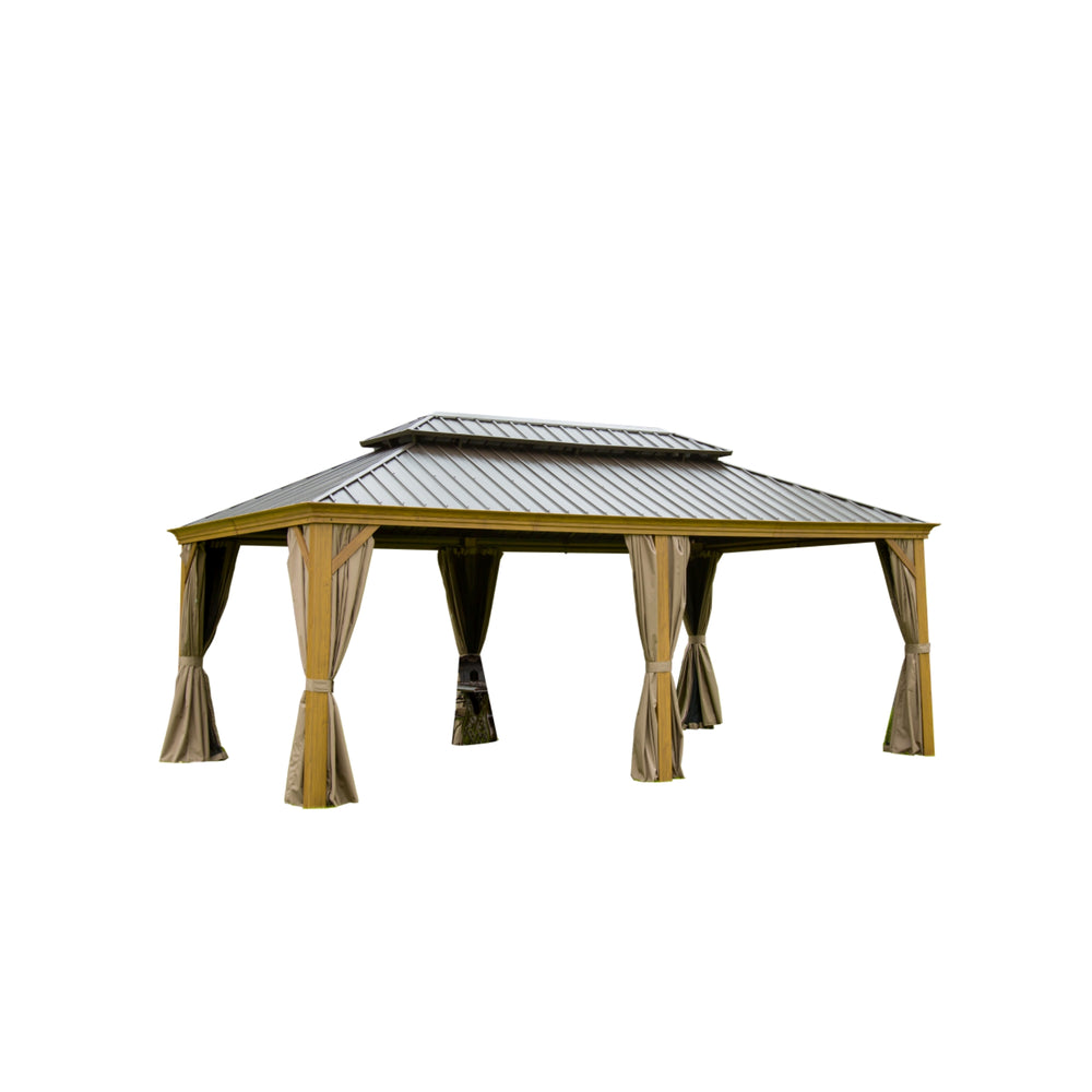 English Elm 14x20FT Hardtop Gazebo with Galvanized Double Roof, Aluminum Frame, Drainage System, Curtains & Netting Yellow Brown W1859S00099