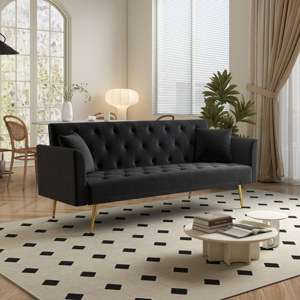 English Elm Modern Tufted Velvet Sleeper Sofa Retro Style Convertible Fold Flat for Compact Spaces Black W2353P399458