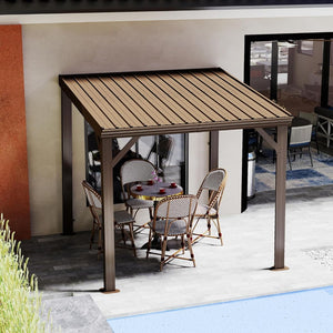 English Elm 8' 8 Ft Lean to Hardtop Pergola Wall Mounted Galvanized Steel Roof Outdoor Shelter W1859S00189