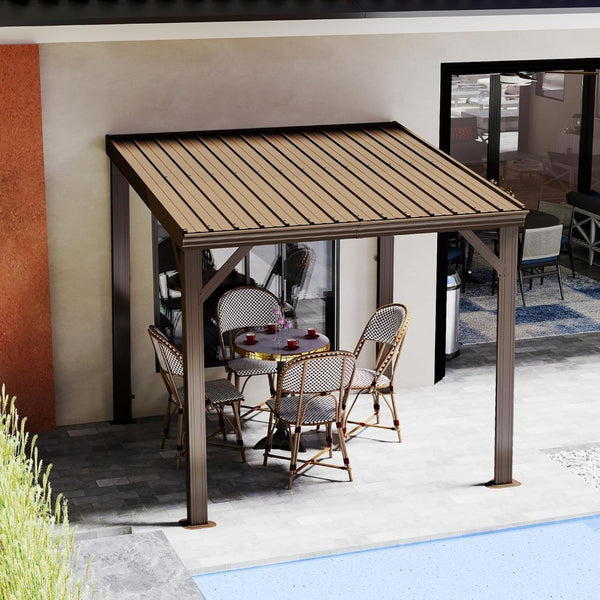 English Elm 8' 8 Ft Lean to Hardtop Pergola Wall Mounted Galvanized Steel Roof Outdoor Shelter W1859S00189