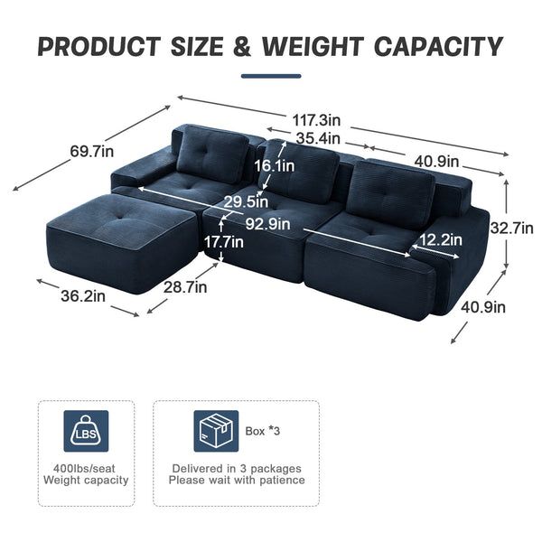 English Elm 117" Modern L-Shaped Modular Sectional Sofa - Luxurious Corduroy, Deep Seats, Movable Ottoman, No Assembly W714S01495