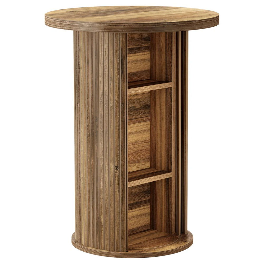 English Elm High Round Bar Table with Three Tier Storage Shelving Bistro Style Wood Grain Finish T3971P460673