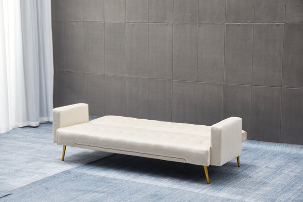English Elm SOFA Velvet Convertible Sofa Bed with Golden Legs, Solid Wood Frame, Compact Design for Small Spaces Beige B205P246429