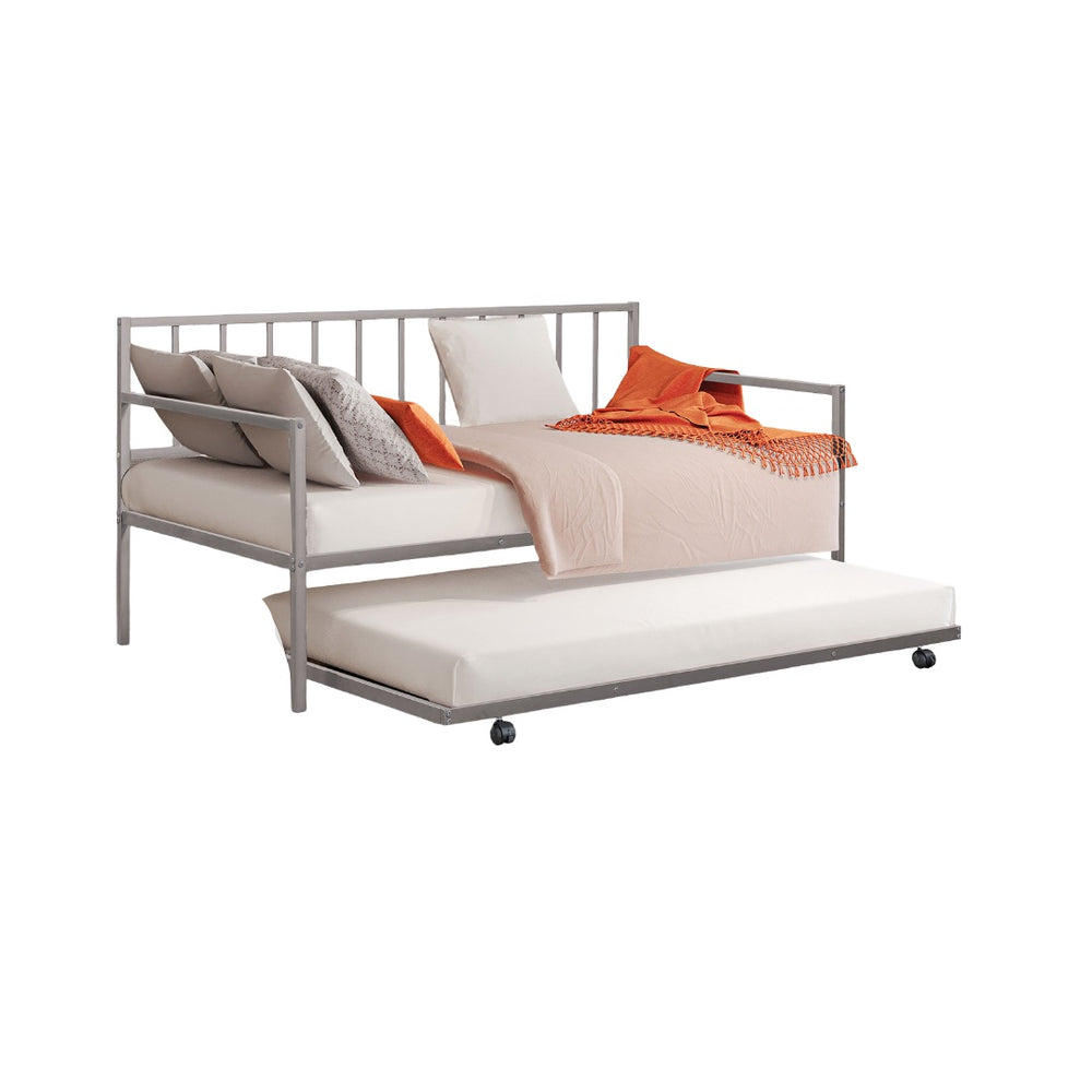 English Elm Silver Sleek Metal Twin Daybed with Built-In Trundle | Contemporary Minimalist Black Frame, Mattress-Ready Silver 76 L x 18 W x 4 H B2741P364412