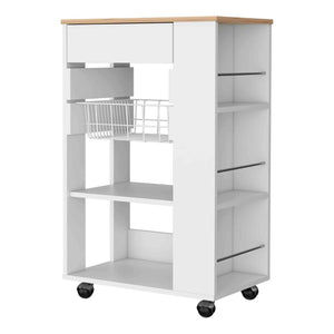 English Elm Shelton Rolling Kitchen Cart with Open Shelves Drawer and Hanging Utensil Rack B128S00144