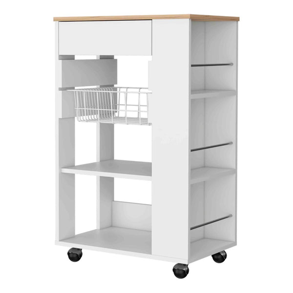 English Elm Shelton Rolling Kitchen Cart with Open Shelves Drawer and Hanging Utensil Rack B128S00144