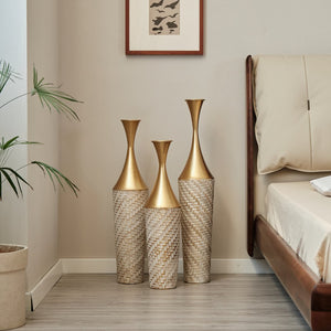 English Elm Floor Metal Vase Set - 3-Piece Modern Geometric Decor With Woven Texture & Glazed Finish,  Tall Accent W2796P255611