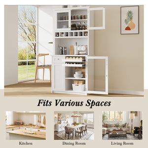English Elm Topmax Farmhouse Buffet Hutch with Wine Rack Shaker Glass Pantry Cabinet White N717P327043K