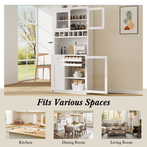 English Elm Topmax Farmhouse Buffet Hutch with Wine Rack Shaker Glass Pantry Cabinet White N717P327043K