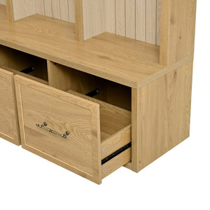English Elm Farmhouse Hall Tree with Triple Arch Back Panel Eight Hooks Drawers and Entryway Bench N721S000071L