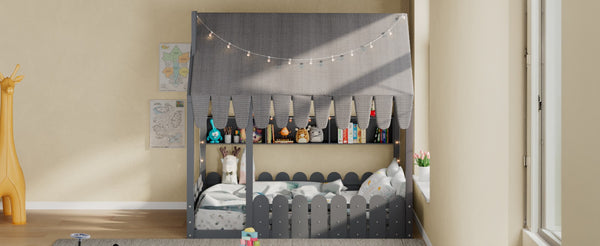 English Elm {slats Are Not Included} Twin Montessori House Floor Bed Kids Tent Lights Shelves Pinewood Frame Gray N708P407963E
