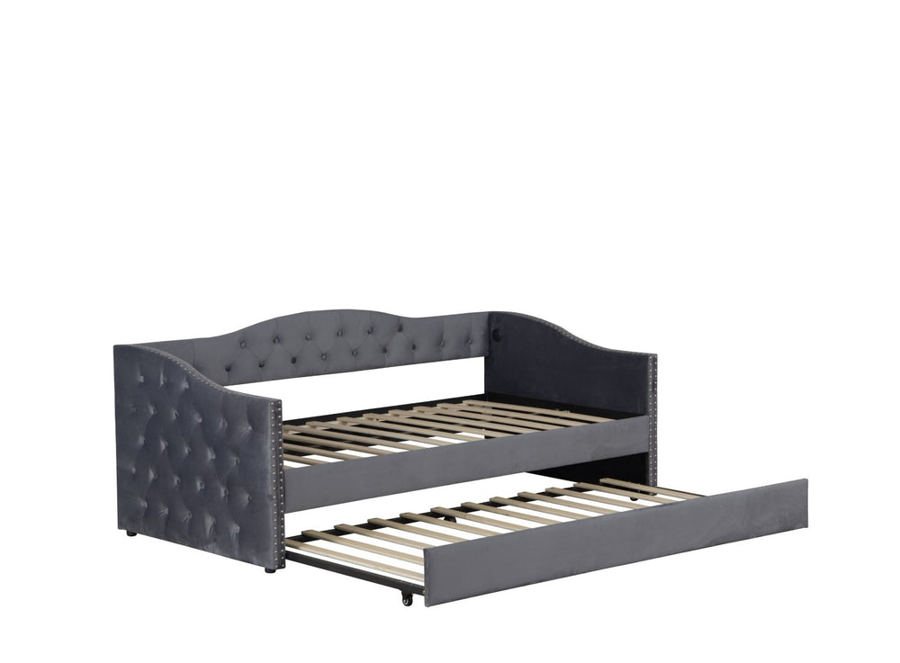 English Elm Twin Size Upholstered Daybed With Trundle & Usb Charging – Stylish Velvet Frame For Space-Saving Comfort W1670S00024-GIGA