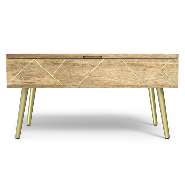 English Elm Jager Mango Wood Lift-Top Coffee Table with Hidden Storage, Gold Brass Inlays & Angled Iron Legs B136P203435