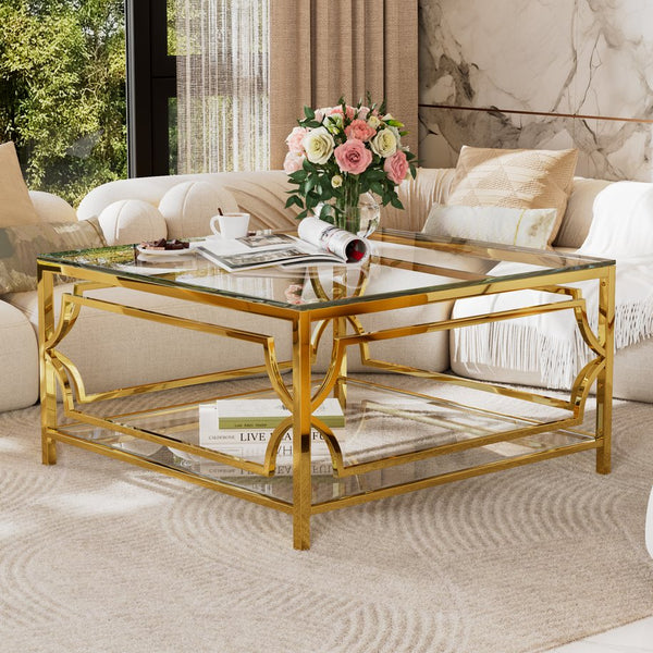 English Elm Square Glass Coffee Table 33.5" — Modern Tempered Glass Top with Gold Geometric Metal Frame & Shelf Transparent N735P326510K