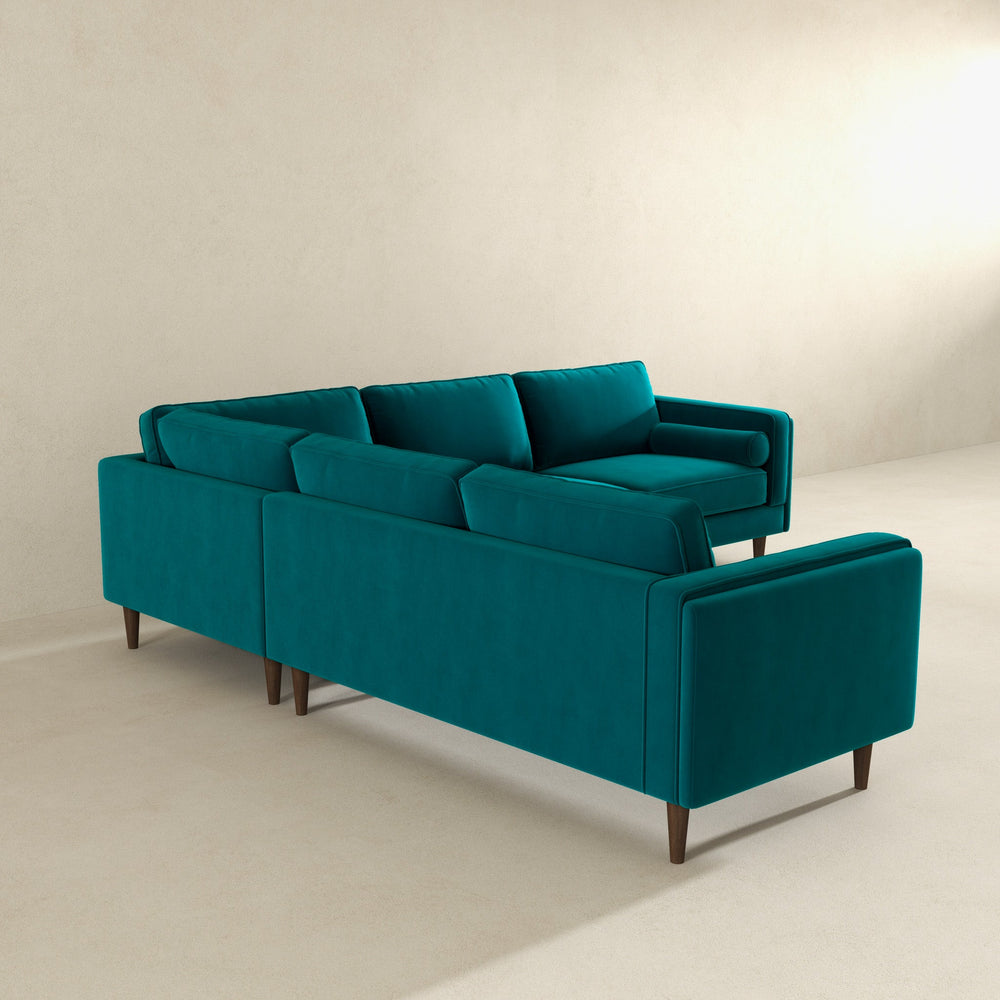 English Elm Ashcroft Furniture - Amber Teal Velvet Corner Sectional Sofa — Mid-Century Teal Velvet, Solid Wood Frame, Removable Cushions, Plush Comfort B183S00070