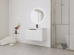 English Elm 36" Floating Bathroom Vanity with Resin Sink, Wavy Doors, Soft-Close Hinges & Durable Plywood Finish White W999P251811