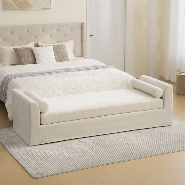 English Elm 88.58" Wide Chenille Upholstered Bench with Curved Armrests and Bolster Pillows for Bedroom Beige W3189S00027