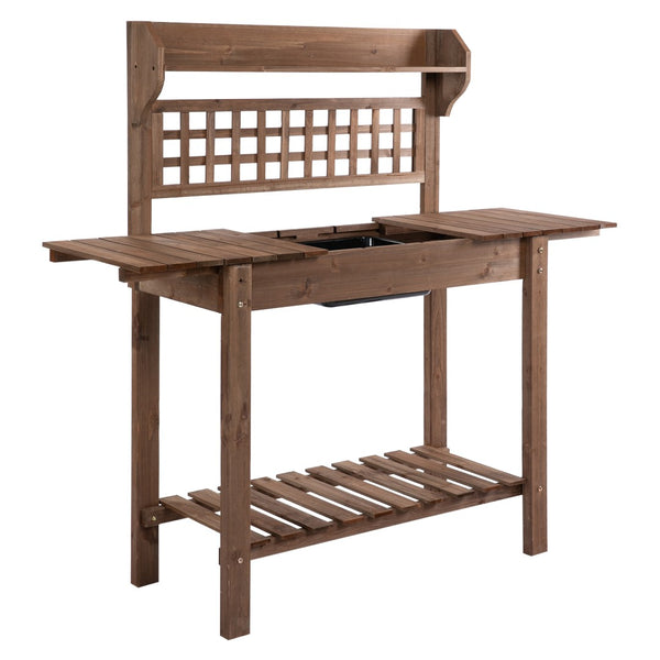 English Elm Outdoor Solid Fir Potting Bench with Dry Sink Sliding Top and Tiered Garden Storage T3971P387807