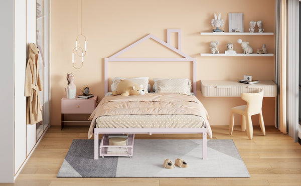 English Elm Full Metal Platform Bed with House-Style Headboard, Two Smooth Storage Drawers, Sturdy 350lb Capacity Pink MF320571AAH